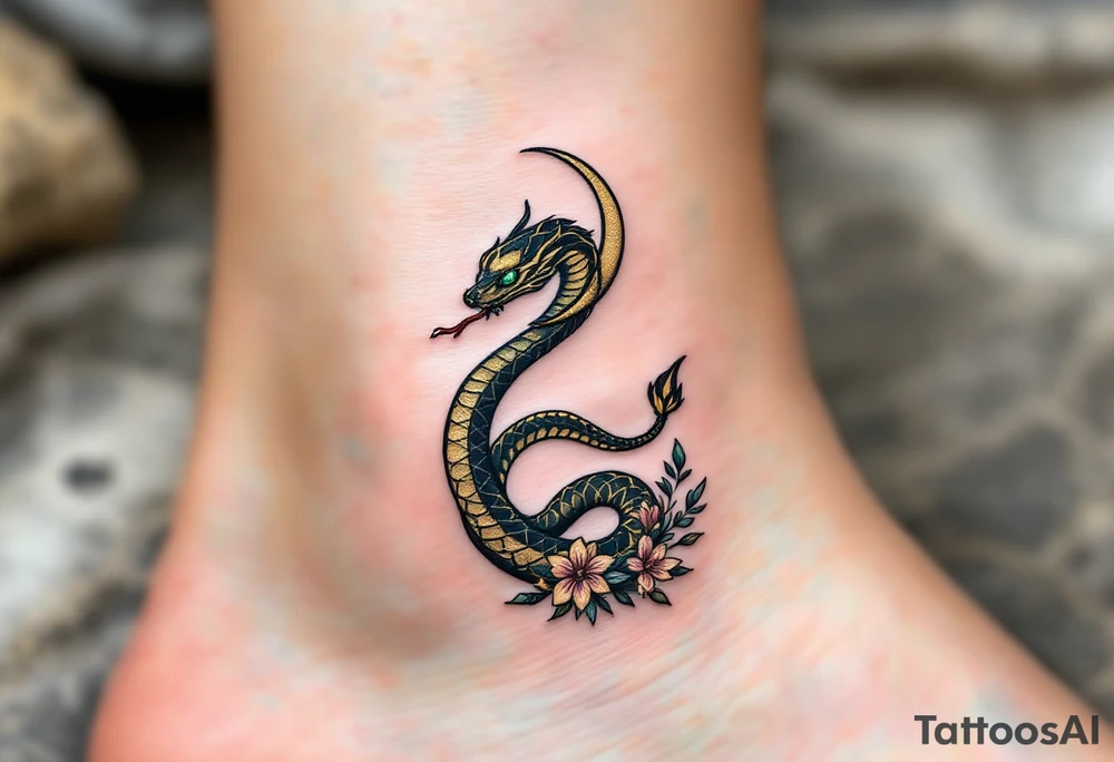 A sleek black and gold serpent, coiled elegantly around a crescent moon, with shimmering emerald-green eyes. Its scales are detailed with subtle iridescent highlights, and its tongue flickers as if whispering secrets. Delicate floral accents wrap around the tail, symbolizing transformation and rebirth. tattoo idea