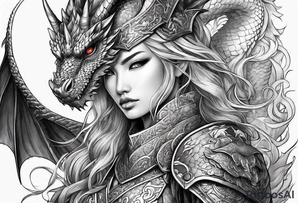 beautiful warrior woman wearing dragon armor and a dragon flying tattoo idea