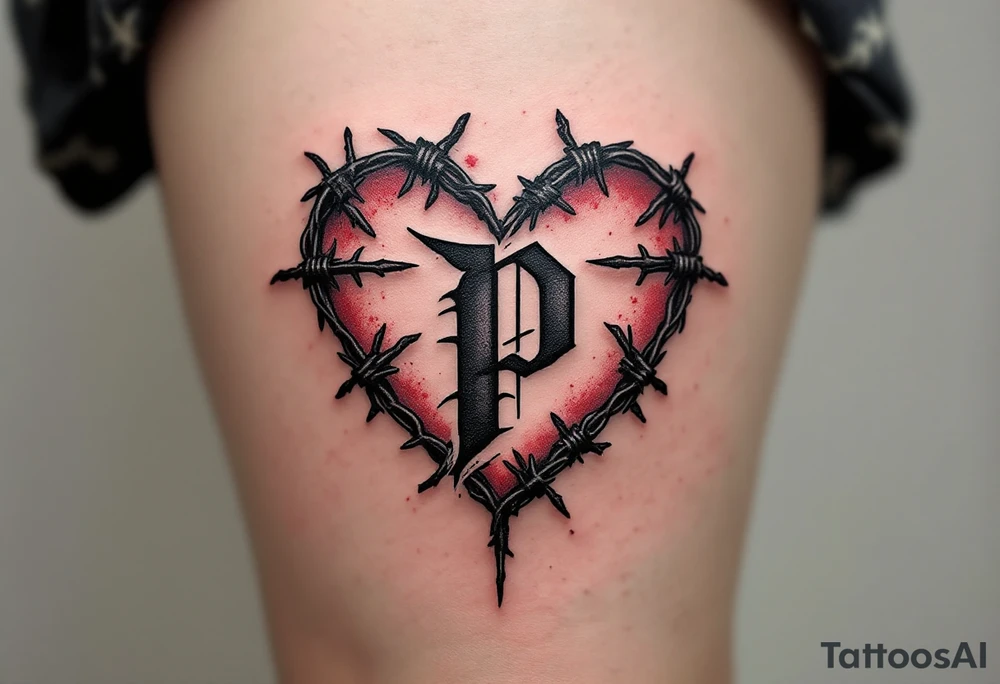 A barbed-wire heart with a distressed blackletter "P", representing love that endures hardship. tattoo idea