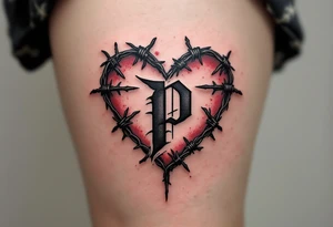 A barbed-wire heart with a distressed blackletter "P", representing love that endures hardship. tattoo idea