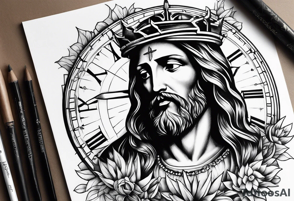 Clock with Jesus tattoo idea