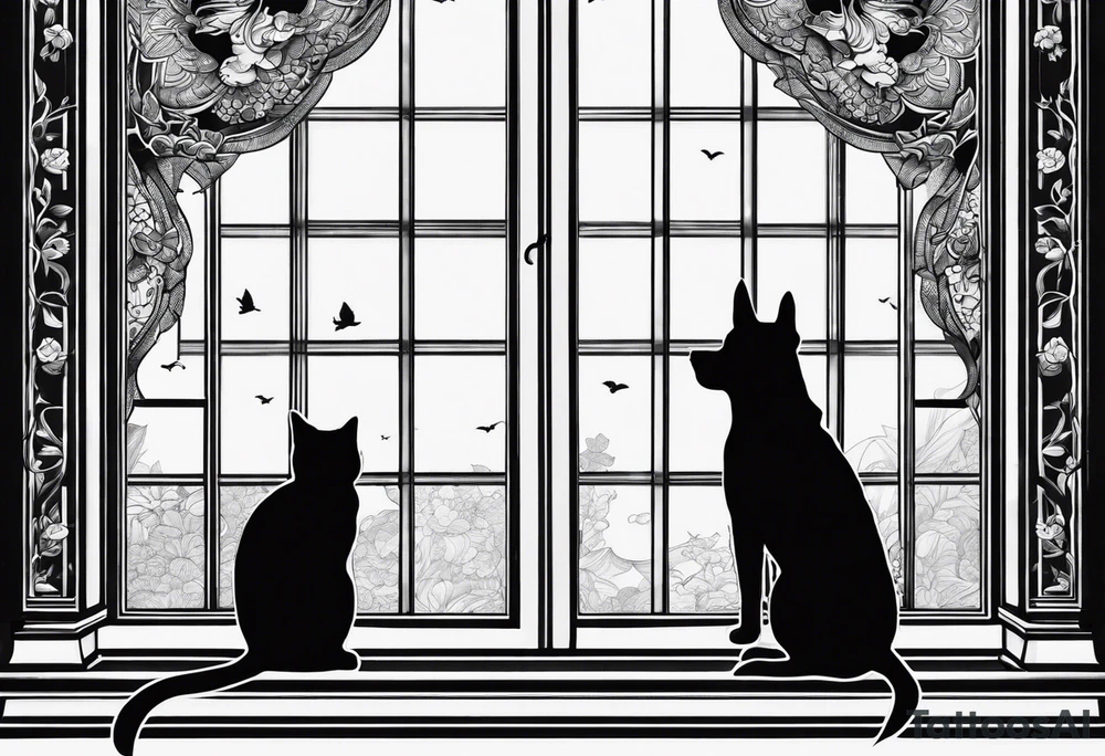 dog and cat looking out tall window together tattoo idea