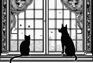 dog and cat looking out tall window together tattoo idea