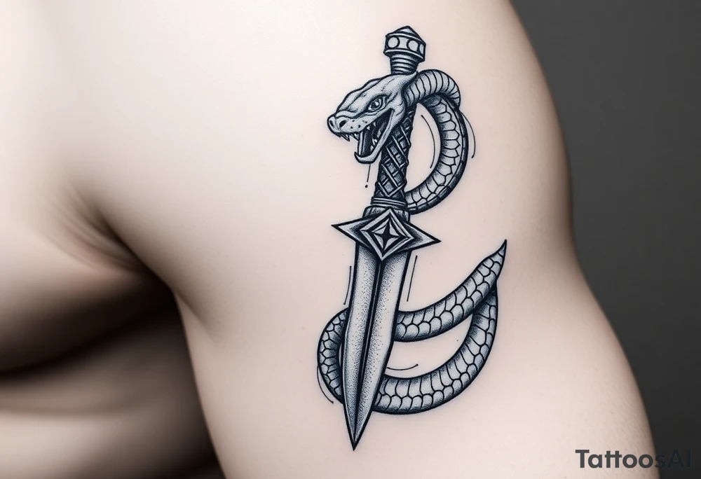 mystical snake coiled around an ancient dagger with jeweled hilt tattoo idea