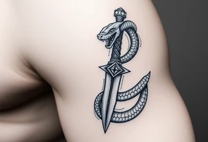 mystical snake coiled around an ancient dagger with jeweled hilt tattoo idea