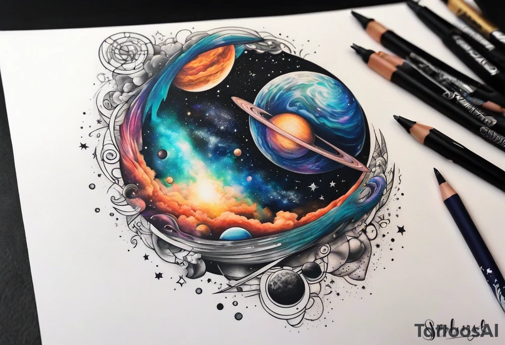 Half sleeve tattoo of a galaxy orbiting. tattoo idea