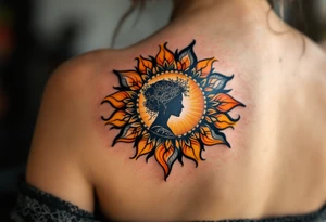 A colorful mandala sun with a mother’s silhouette in the center in deep orange and yellow symbolizes life-giving love. tattoo idea