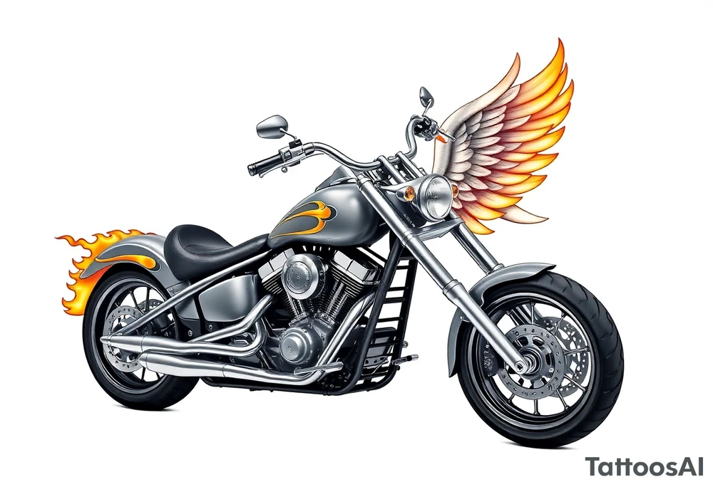 Low rider grey motorcycle, flames, angel wings tattoo idea