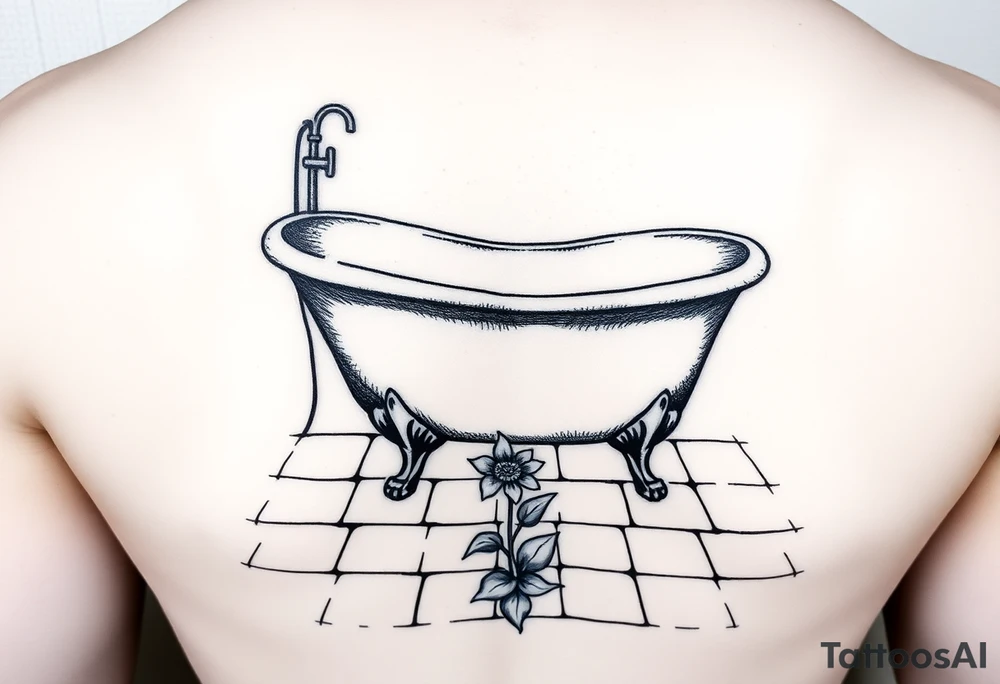 clawfoot bathtub on a tile floor and flower coming up out the floor tattoo idea