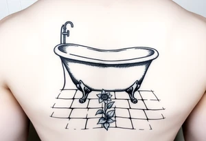 clawfoot bathtub on a tile floor and flower coming up out the floor tattoo idea