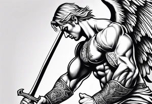 Micheal arc angel bent over pulling sword super muscular tattoo idea