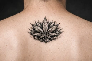 Top marichuany na klatce piersiowej z malymi detalami tattoo idea