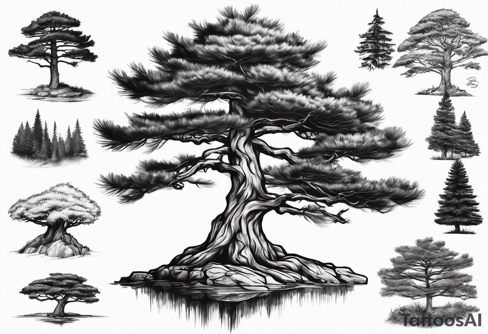 Pine tree conected with reflecting junpier tree tattoo idea