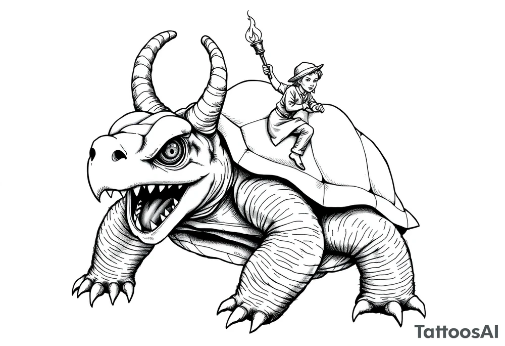 2 slaves powerful and angry turtle with goat horns and huge teeth and ALIEN EYES WITH a tiny guy riding on the back holding a torch tattoo idea