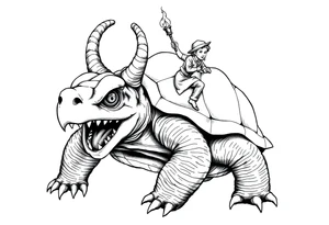 2 slaves powerful and angry turtle with goat horns and huge teeth and ALIEN EYES WITH a tiny guy riding on the back holding a torch tattoo idea