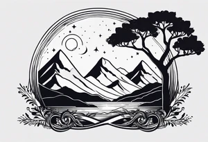 I want it in a vertical line one end to start with a tree then connect to a boomerang then connect to mountains then connect to the sun tattoo idea