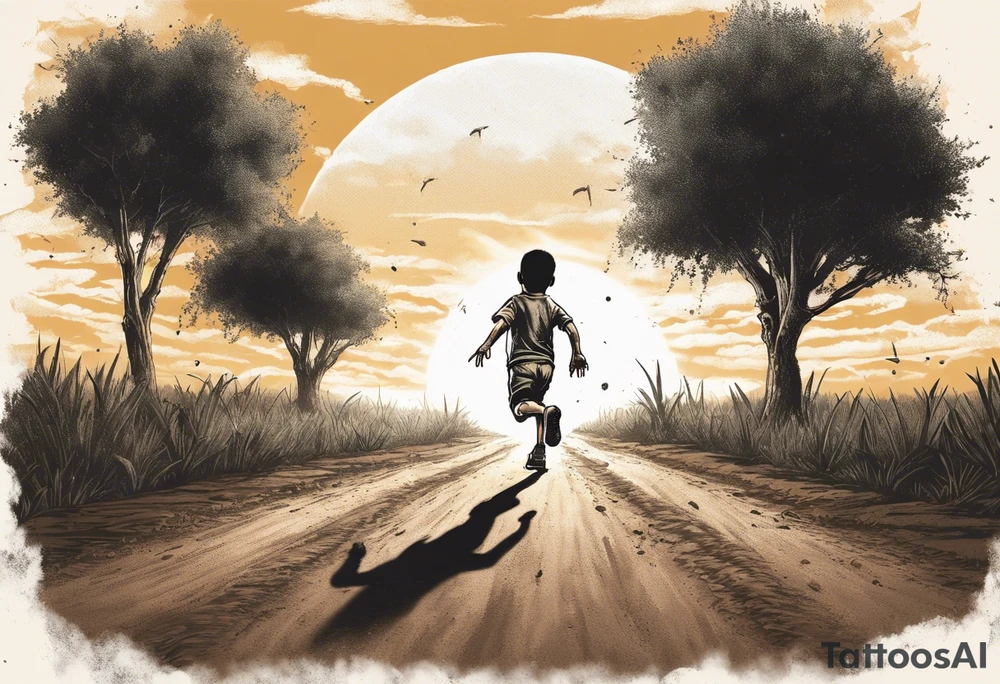 a male child running on a dirt road.
the child is running away towards a sun that is being hugged by a hammer.
on the left side of the dirt road pointing at the child ak47 and rpg.
on the right side there are trees.
under the sun clouds form the date 07.10.2023 tattoo idea
