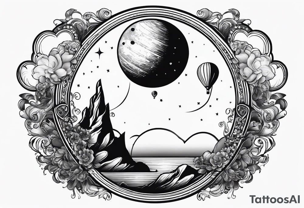 a crescent moon, the planet Saturn, two clouds and a floating heart balloon with string tattoo idea a crescent moon, the planet Saturn, two clouds and a floating heart balloon with string tattoo idea