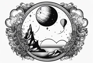 a crescent moon, the planet Saturn, two clouds and a floating heart balloon with string tattoo idea