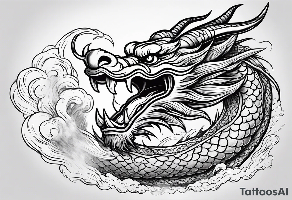 chinese dragon blowing fire while flying through a thunderstorm tattoo idea