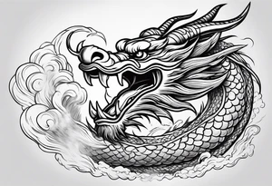 chinese dragon blowing fire while flying through a thunderstorm tattoo idea