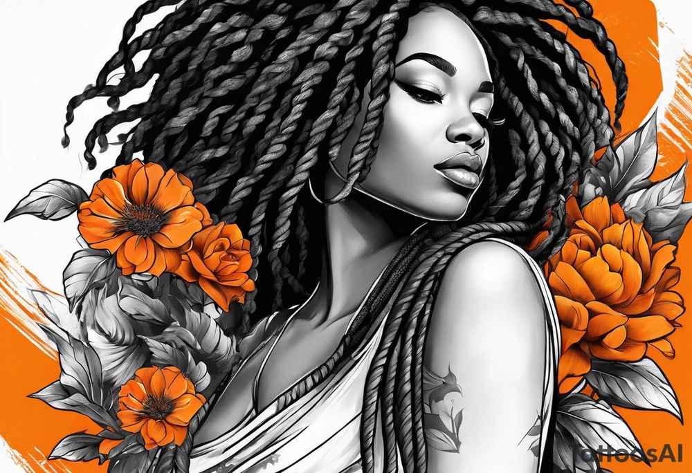 Arm ssleeve with orange flowers and black woman with locs tattoo idea