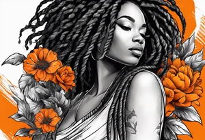 Arm ssleeve with orange flowers and black woman with locs tattoo idea