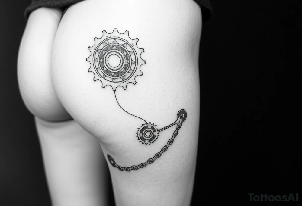 A large bicycle cog on my hip connected to a smaller bicycle cog on my knee via a bicycle chain and a smaller bicycle cog on my ankle connected to the bicycle cog on my knee using another bicycle chain tattoo idea