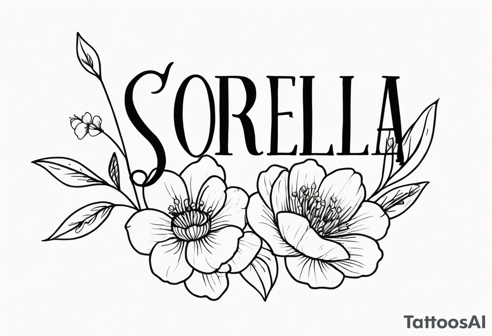 sister tattoo with october and september birth flowers with the word sorella a straight line cursive font connecting the word to the stems of the flowers small tattoo idea