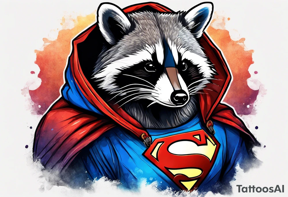 raccoon wearing a Superman hoodie tattoo idea