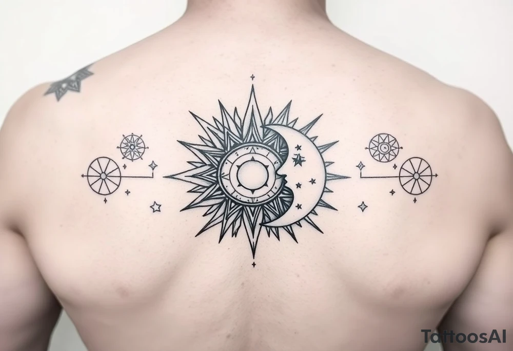 celestial sun and moon embrace with constellation patterns tattoo idea