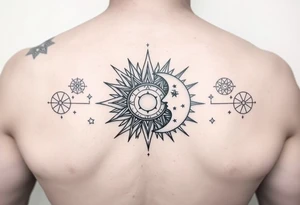 celestial sun and moon embrace with constellation patterns tattoo idea