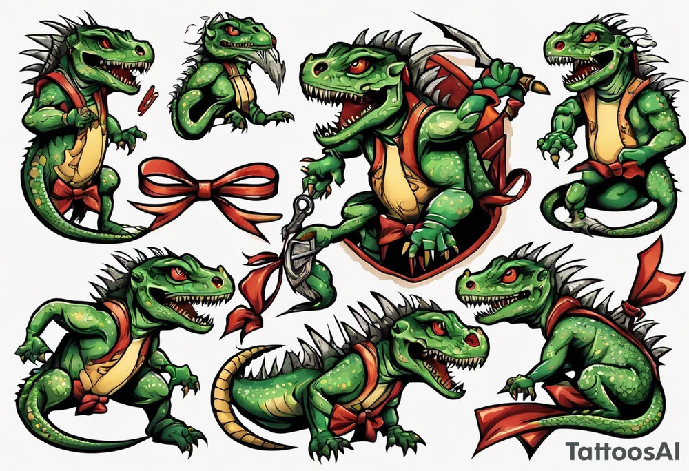 lizardman with bow tattoo idea