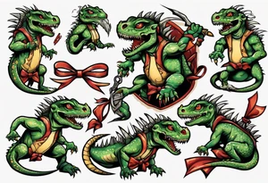 lizardman with bow tattoo idea