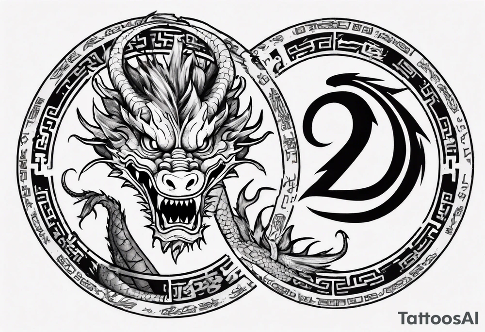 Chinese dragon in a circular shape with "02.03" written on its skin tattoo idea