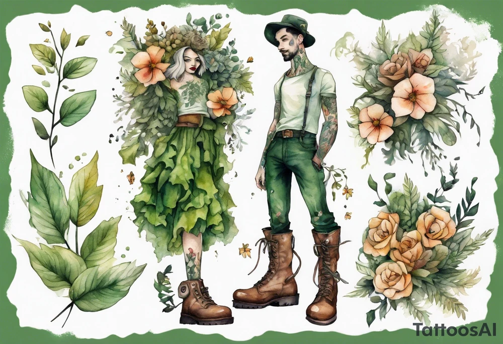 a man-flower hybrid s wearing a leafy skirt and boots covered in moss tattoo idea