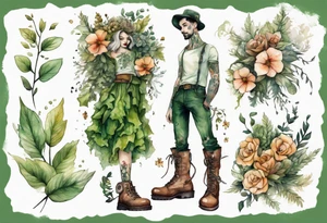 a man-flower hybrid s wearing a leafy skirt and boots covered in moss tattoo idea