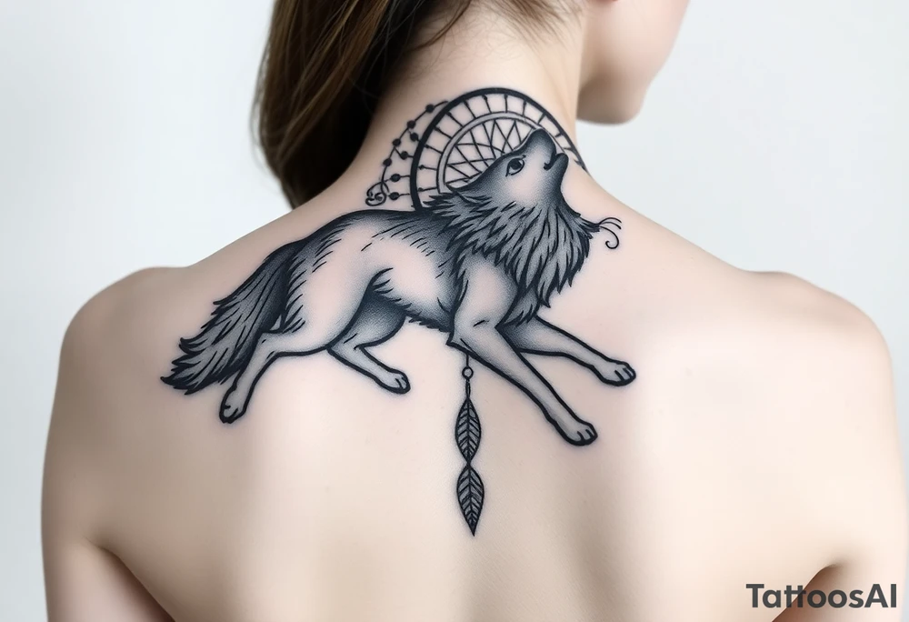 A wolf running through the woods, with dreamcatcher rings behind it tattoo idea