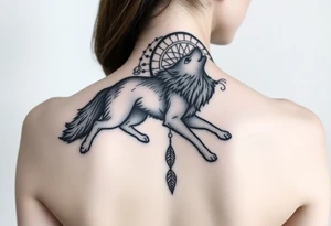A wolf running through the woods, with dreamcatcher rings behind it tattoo idea