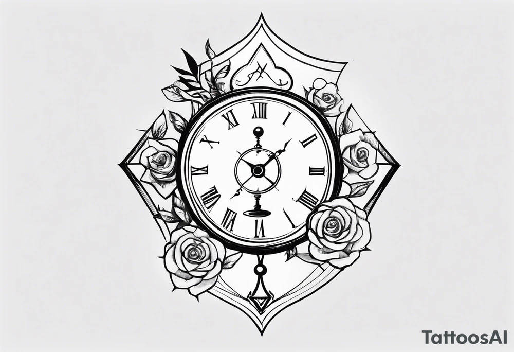 I want a design for printing on t-shirts, the design is an hourglass with a hand clock in the middle with Amazigh numbers, and these two main elements are mixed with thorny roses and planets tattoo idea