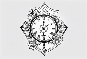 I want a design for printing on t-shirts, the design is an hourglass with a hand clock in the middle with Amazigh numbers, and these two main elements are mixed with thorny roses and planets tattoo idea