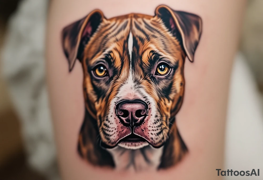 Color Realism Stafford – A full-color tattoo of a brindle Staffordshire Bull Terrier with realistic brown, tan, and black coat shading and piercing amber eyes. tattoo idea