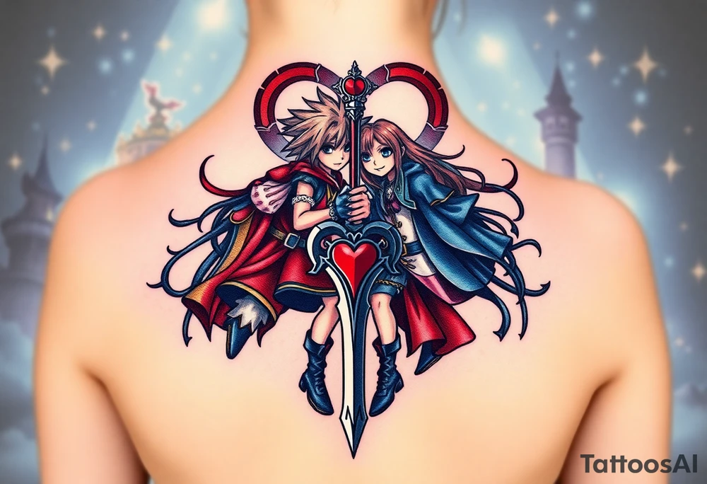 Kingdom Hearts tattoo design featuring from the game, together in a dynamic, united pose. The centerpiece should include the Heartless Keyblade, with a beautiful and ethereal Kingdom Hearts-inspired background—think glowing stars, floating islands, and stained-glass elements in backroung. The design should capture themes of friendship, light vs. darkness, and adventure. Style should be detailed, fantasy-oriented, and suitable for a large piece tattoo idea