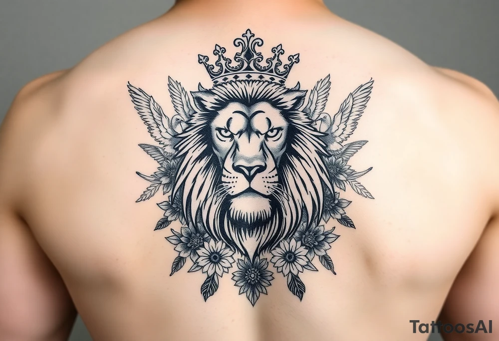powerful majestic lion with a crown, surrounded by floral ornaments and birds tattoo idea