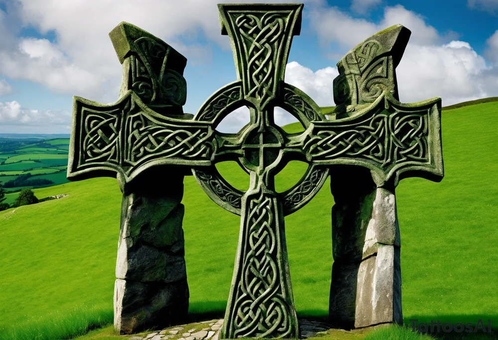 A large, weathered stone Celtic cross standing proudly atop a lush green hill, its four arms stretching skyward. The cross is intricately carved with intertwining knots and spirals, reflecting the artistry of the ancient Celts. A large raven sits perched at the intersection of the cross's arms, its ebony feathers gleaming in the soft light. The bird's eyes seem to hold a wisdom beyond its years, as if it has been witness to countless generations come and gone. tattoo idea