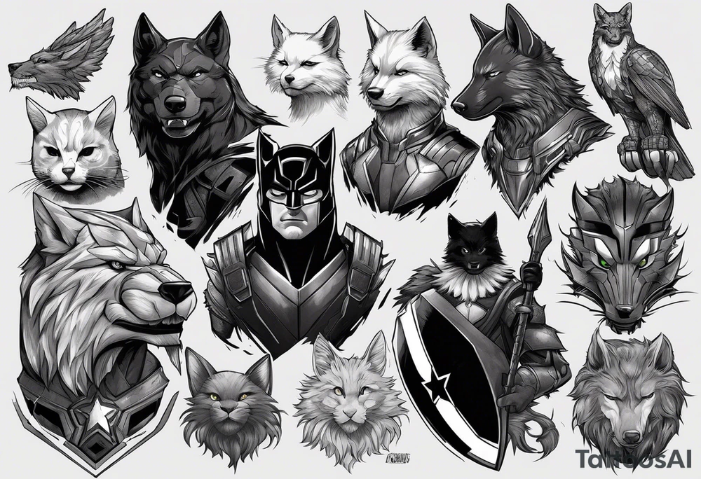 I want to change Avengers Team characters with animals. Hulk will be Badger, Thor will be Alpha Grey Wolf, Captain America will be Bull, Iron Man will be Canary, Black Widow will be Axolotl, Hawk Eye will be Sudan Plated Lizard and Nick Fury will be Cat. tattoo idea