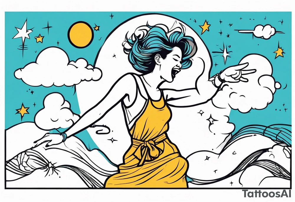 Silly. odd woman ugly dancing pointing her fingers up in the sky tattoo idea