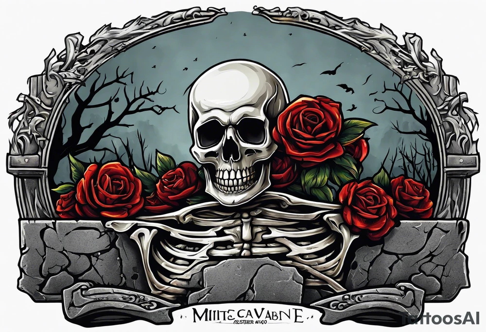 Skeleton crawling out of grave. 
MIW Reincarnate written on gravestone tattoo idea