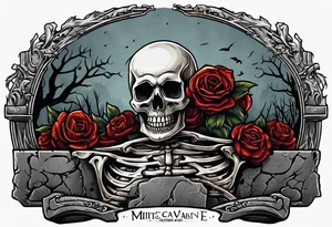 Skeleton crawling out of grave. 
MIW Reincarnate written on gravestone tattoo idea