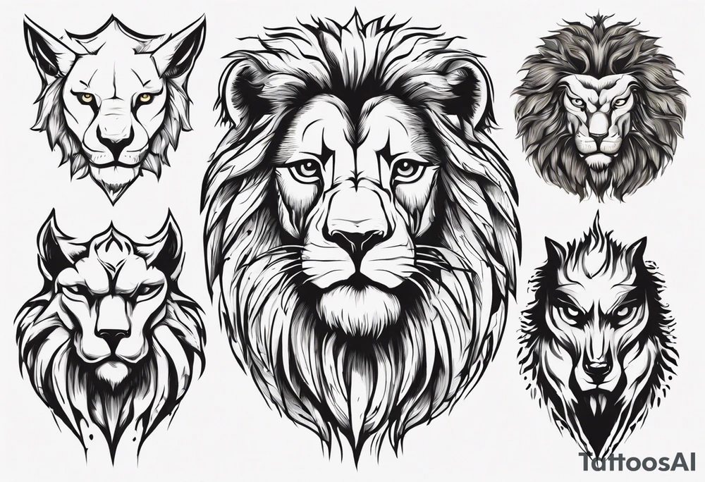 A lion looking forward, with a stern expression. Behind and to the left of the lion, is a wolf looking slightly to the left, with a stern expression. Behind and to the right of the lion, is an owl looking slightly to the right, with a stern expression. tattoo idea